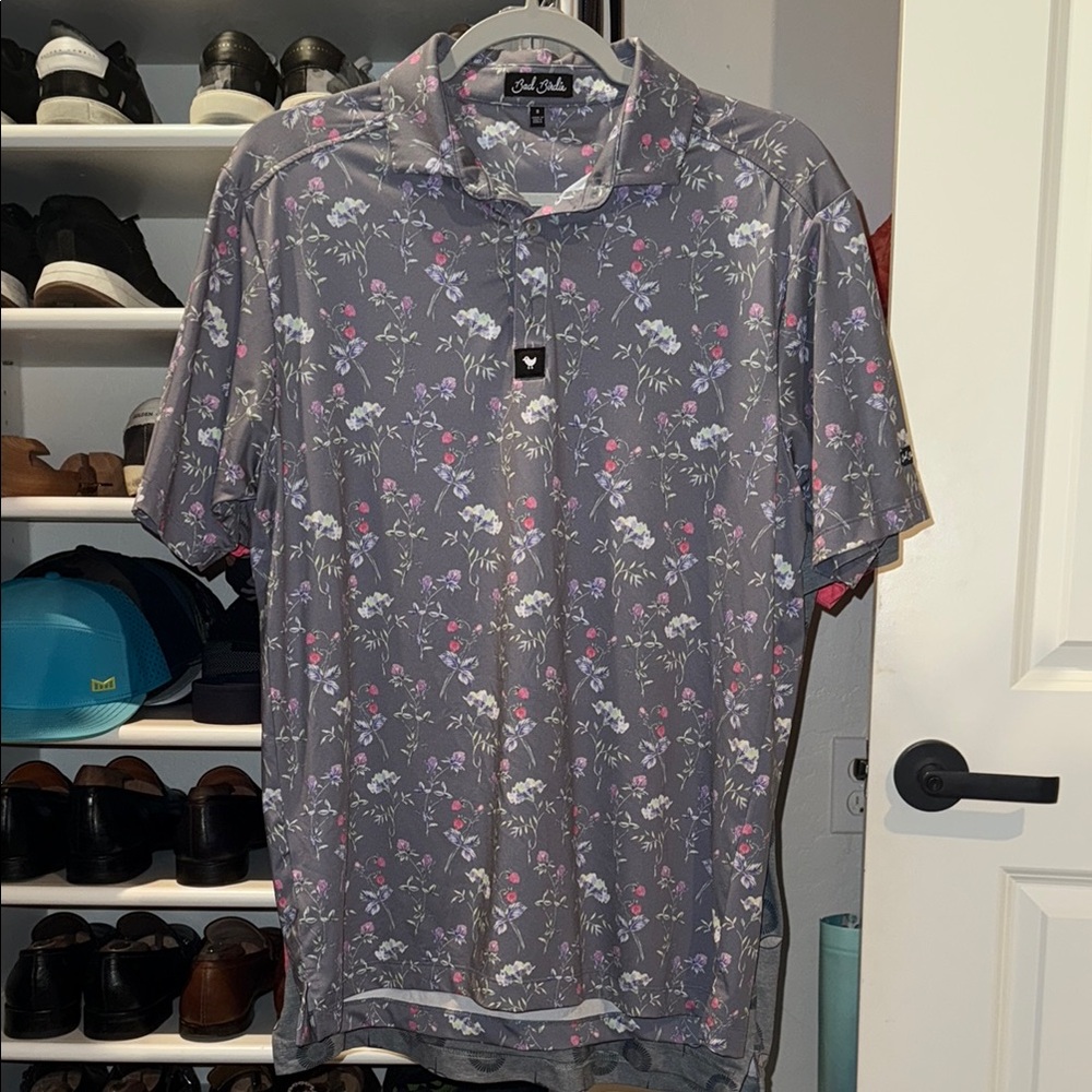 Bad Birdie Gray and Pink Polo Shirt with Elegant Pattern